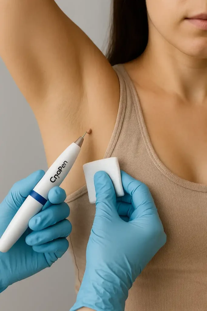 woman having cryopen to remove underarm skin tags South Ruislip